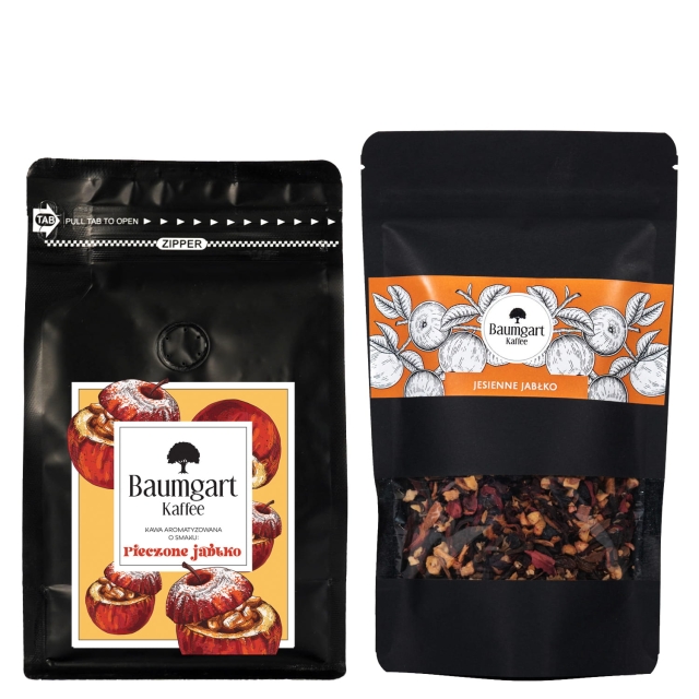 Zestaw Jesienny - Kawa smakowa Pieczone Jabłko 100% Arabica 200g, herbatka owocowa Jesienne Jabłko 90g