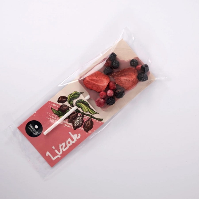 Lizak z czekolady ruby z owocami liofilizowanymi 35 g 