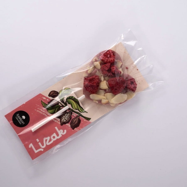 Lizak z czekolady ruby z maliną i płatkami migdałowymi 35 g