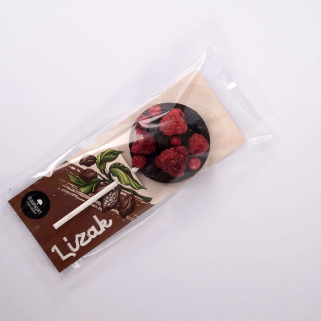Lizak z czekolady deserowej z owocami liofilizowanymi 35g 